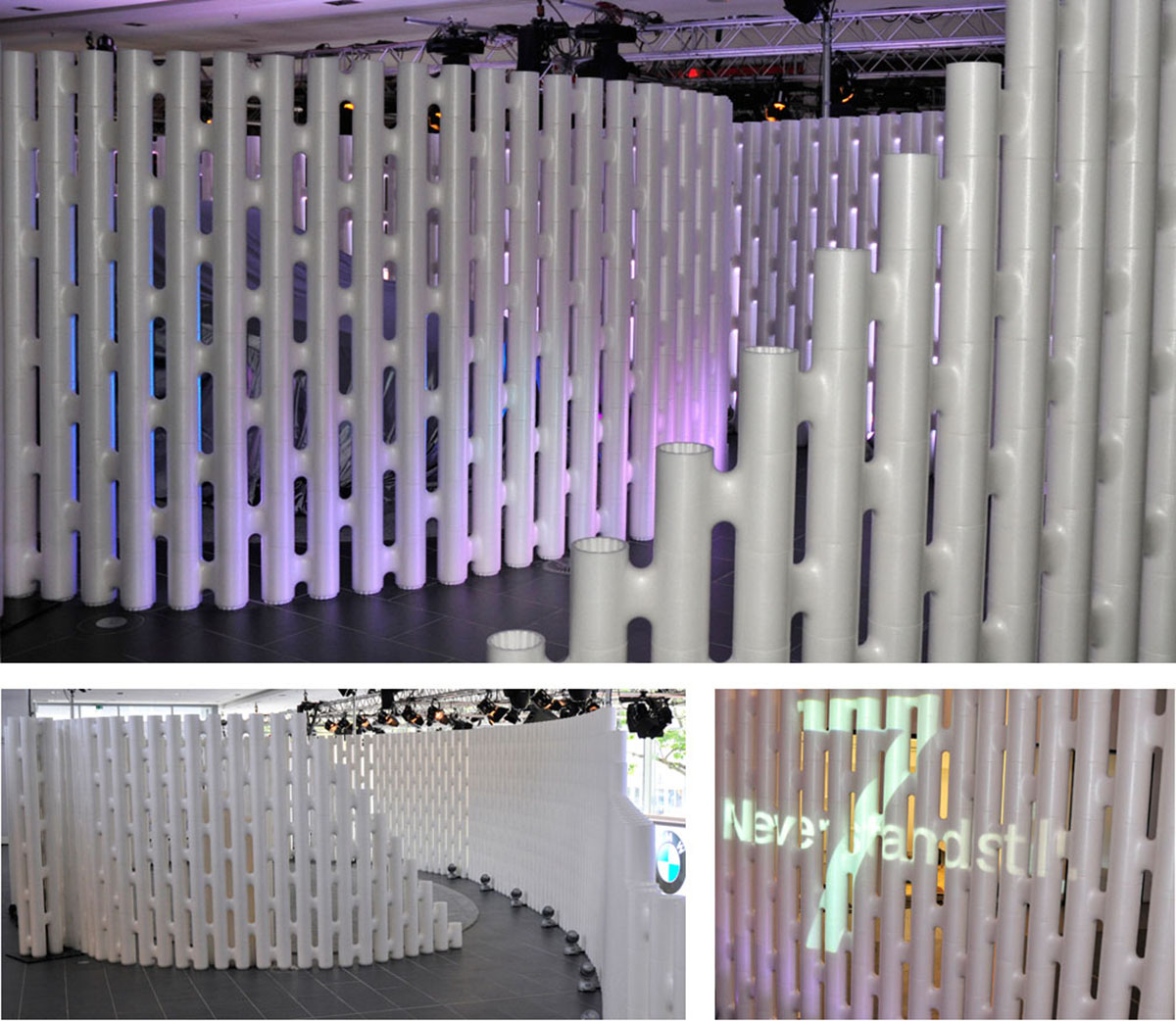 curved wall partition shrouding walkways Movisi event furniture BMW