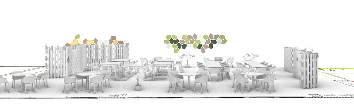 Design d'intérieur de restaurant de cantine avec séparateur de pièce LINK et panneaux muraux HUSH