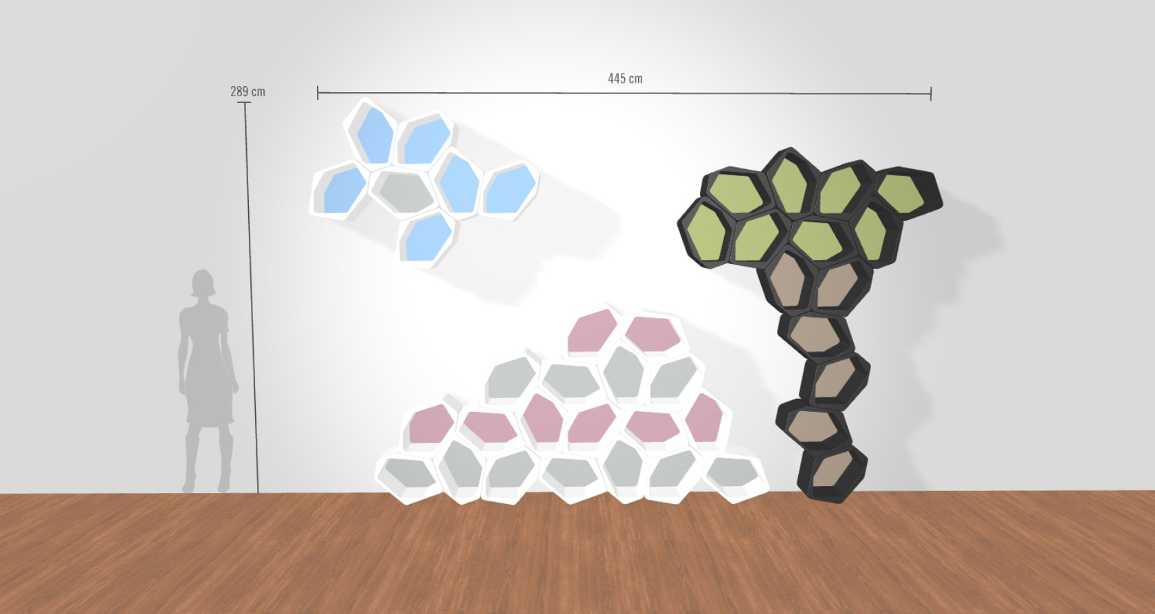 Planungszeichnung eines modularen Wandregals mit farbigen Einlegeplatten