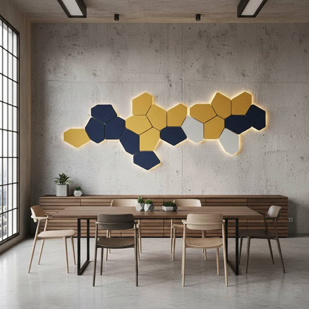 Backlit acoustic wall panels in navy, yellow and white above a dining table on a concrete wall
