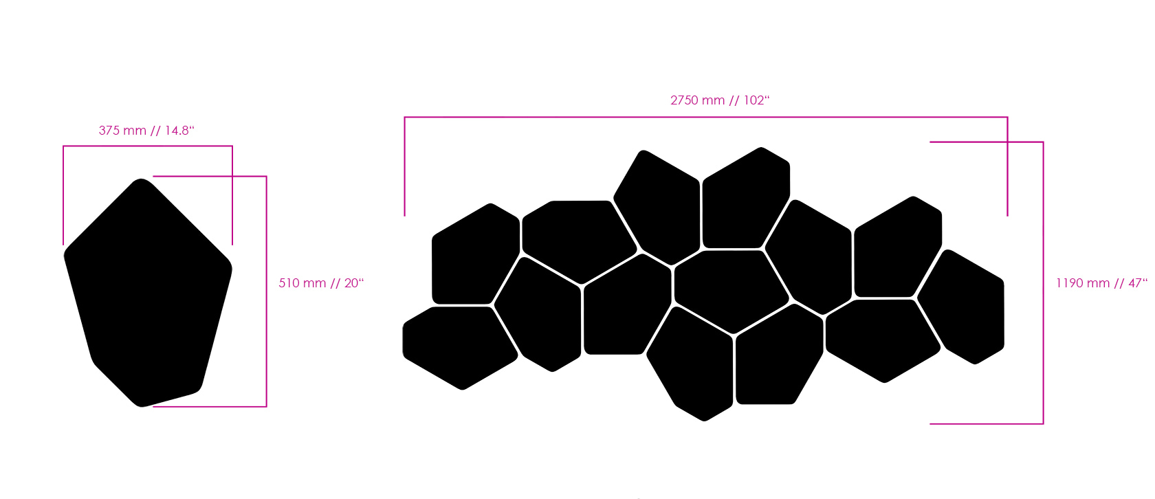 Dimensions drawing of a HUSH hexagon acoustic wall panel