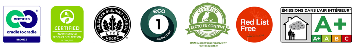 Certification logos: Cradle to Cradle, LEED, Ecobau eco 1 and SCS recycled content