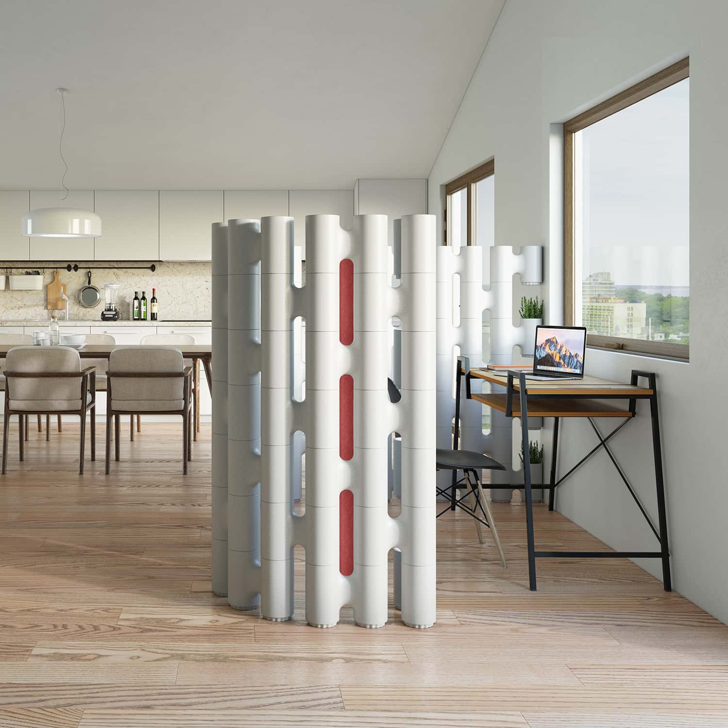 Modular acoustic partition wall with red SONIC filler plates