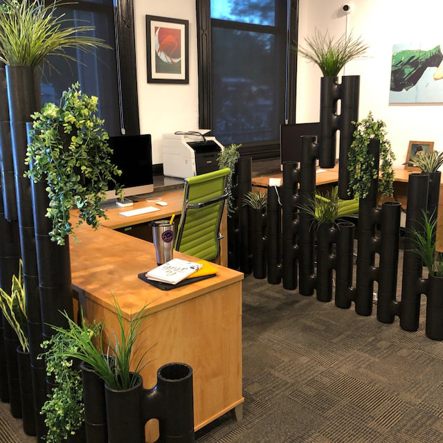 Black modular office room divider with plants separating work areas