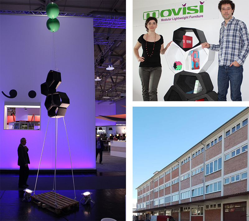 MOVISI founders Natascha Stojanovic and Aleks with BUILD modular furniture at a trade fair, a BUILD installation on a fair stand and the exterior of the MOVISI office building