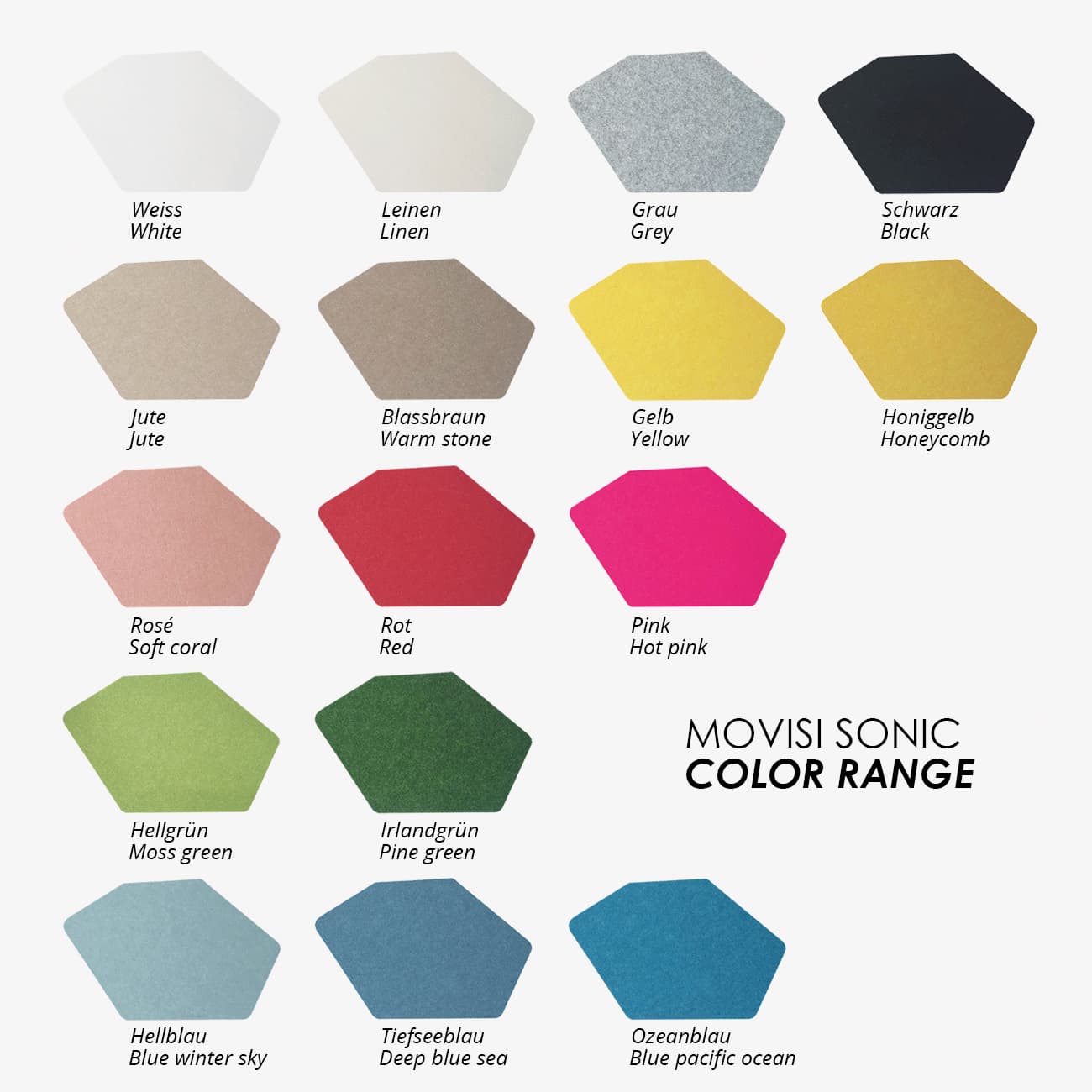 MOVISI SONIC acoustic panel colour range in 15 colours