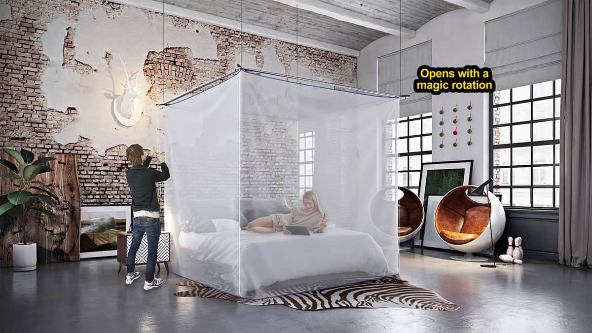 SKYROOM Moskito als Baldachin über einem Bett in einem Loft