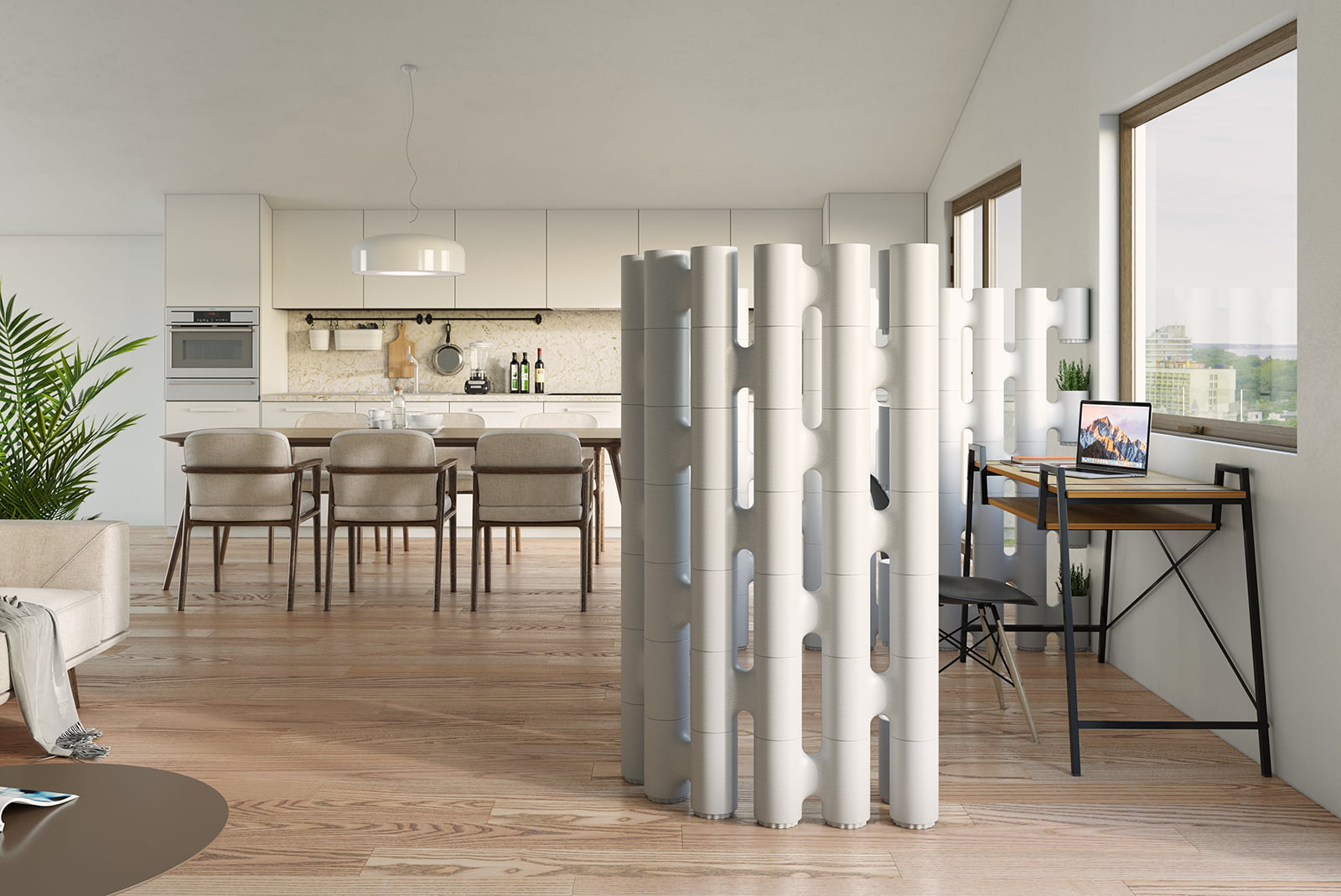 White modular room divider creating a temporary home office workspace