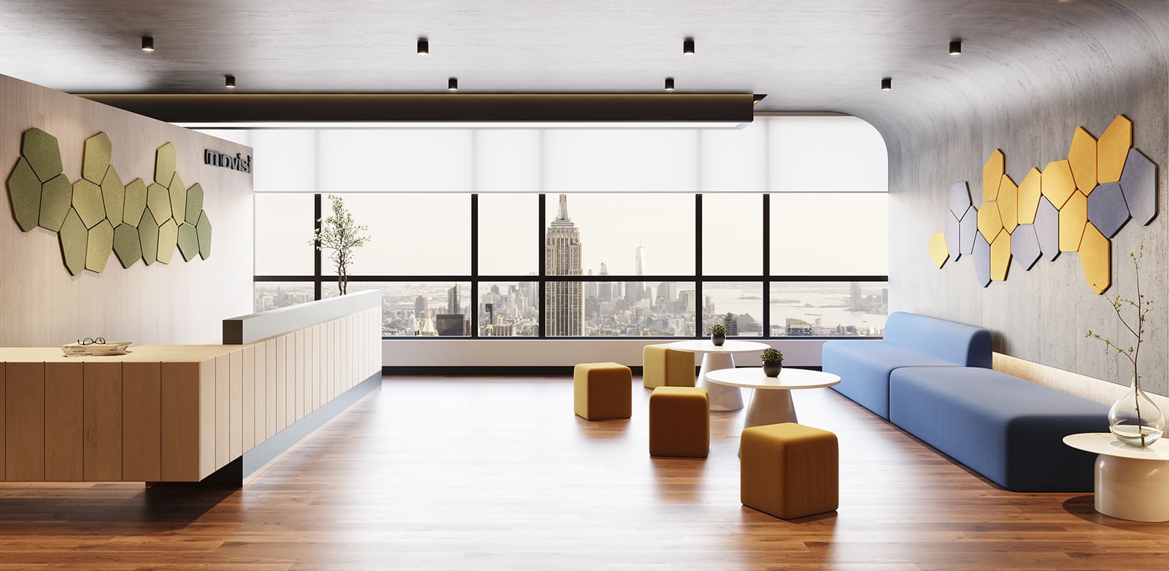 Coloured acoustic wall panels absorbing sound in an office entrance hall