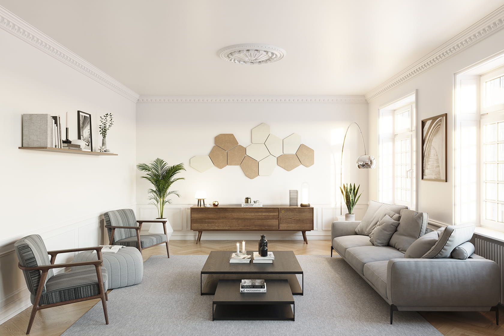 Acoustic wall panels in Warm Stone and Milk White above a sideboard in a calm living room