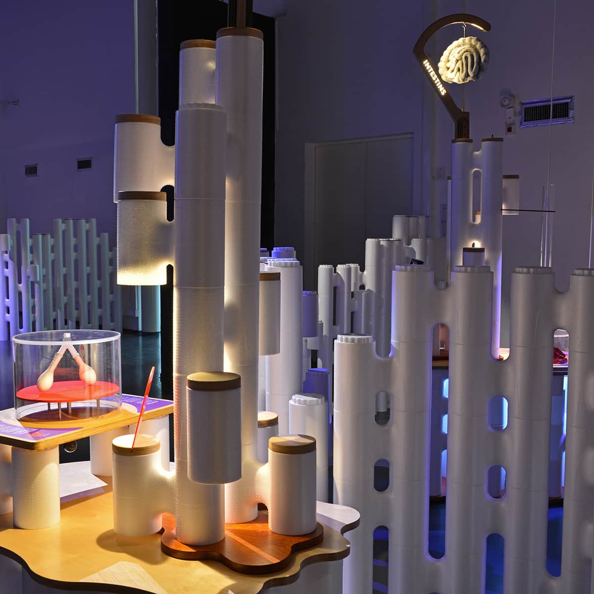 Custom decorative modular screen divider with light bulbs inside the units