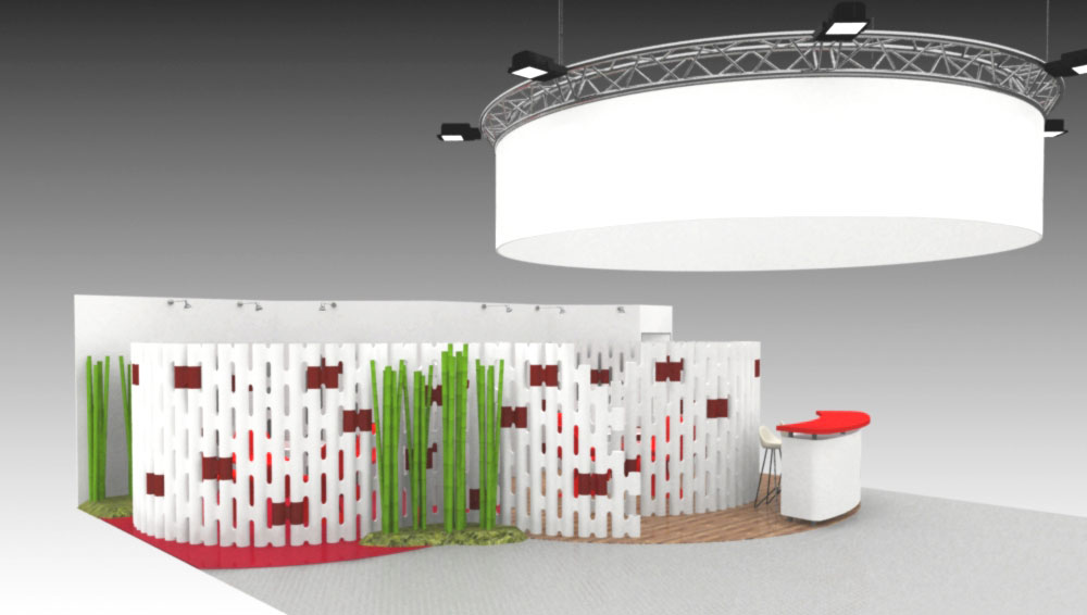 Modular partition walls forming a custom trade show booth and exhibition stand