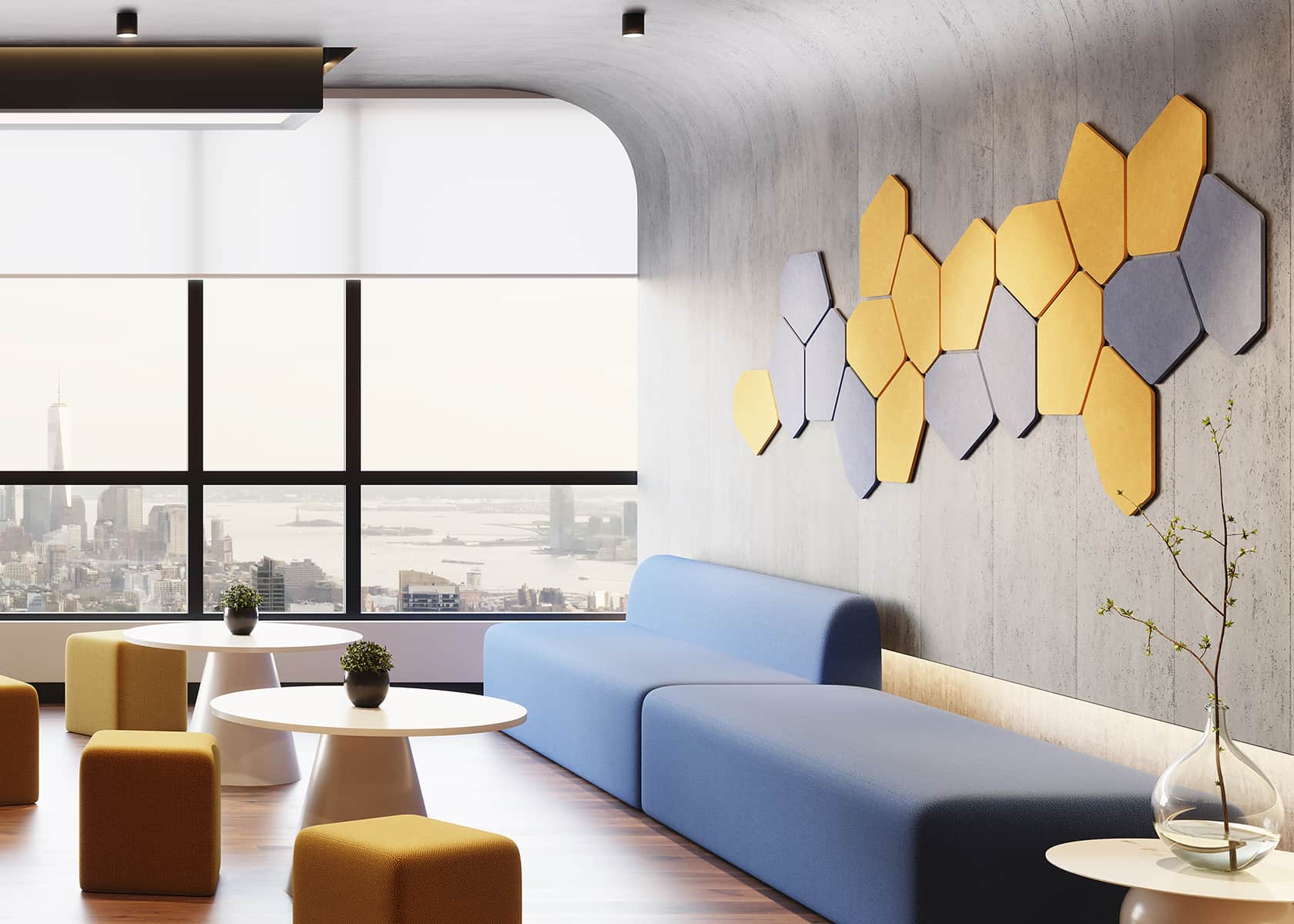 Self-adhesive designer acoustic wall panels in mixed colours