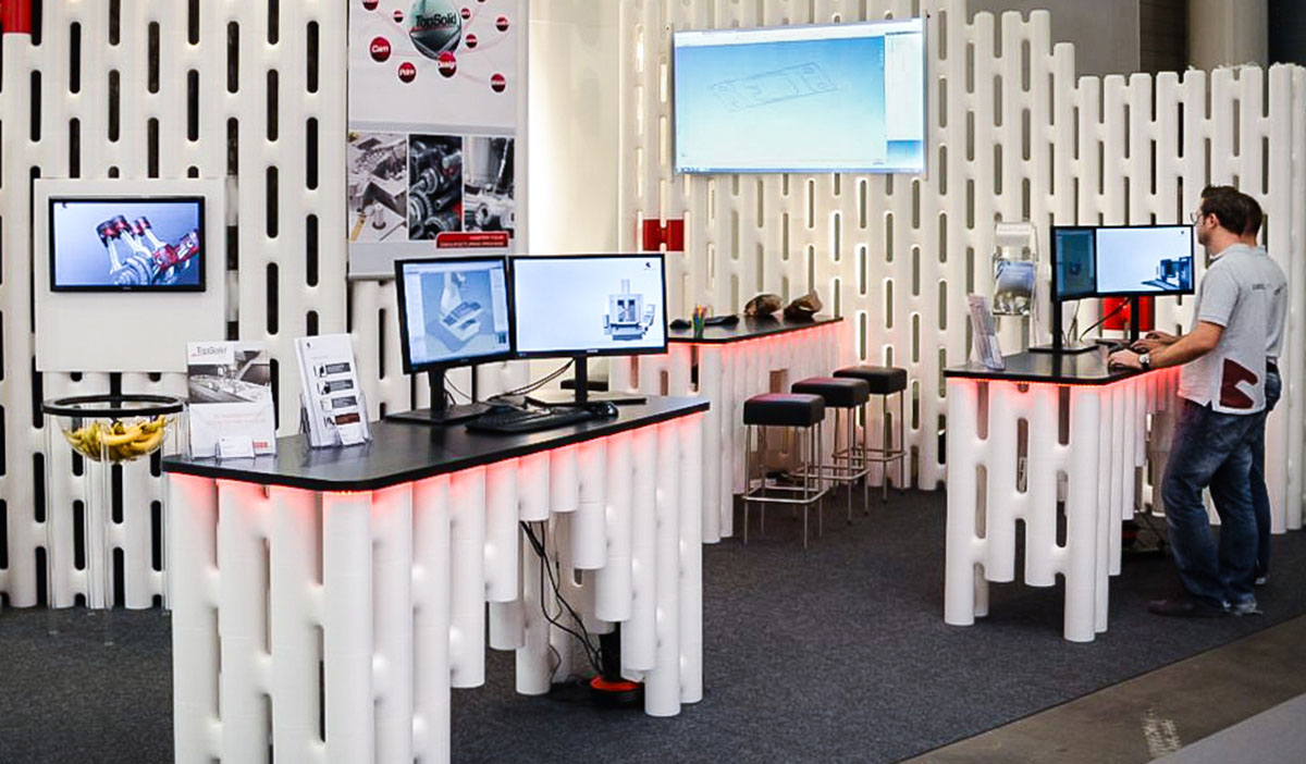 Exhibition stand and trade show booth designed entirely from modular partition units