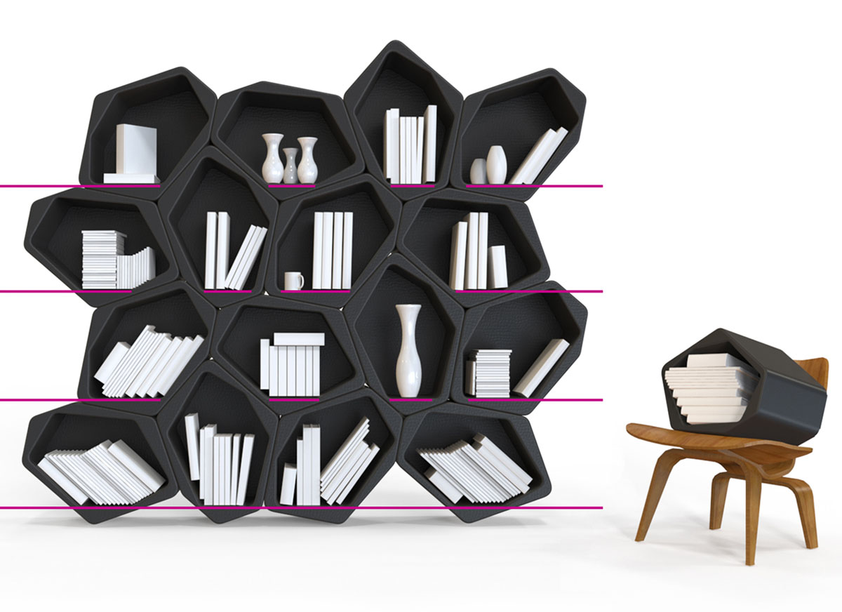 Erweiterbares modulares Bücherregal mit bündigen Regalböden auf gleicher Höhe