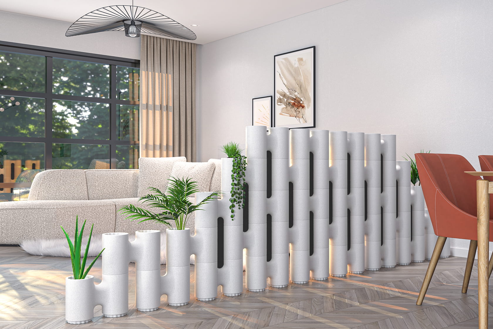 Low white freestanding room divider with plants separating the living and dining area