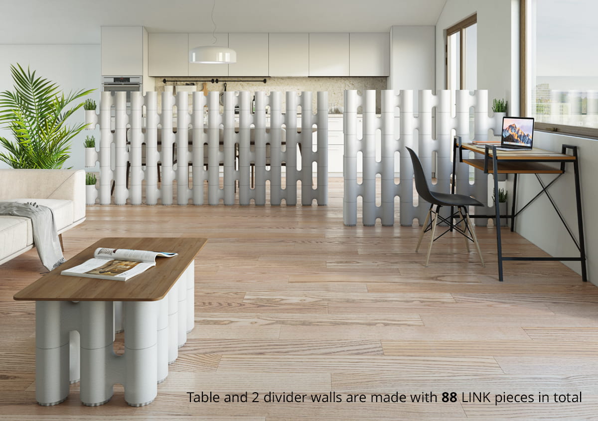 Two room divider walls and a coffee table made from 88 LINK units in a home office