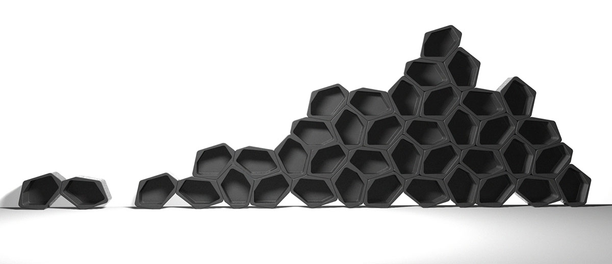 Black BUILD shelved wall in a reception area