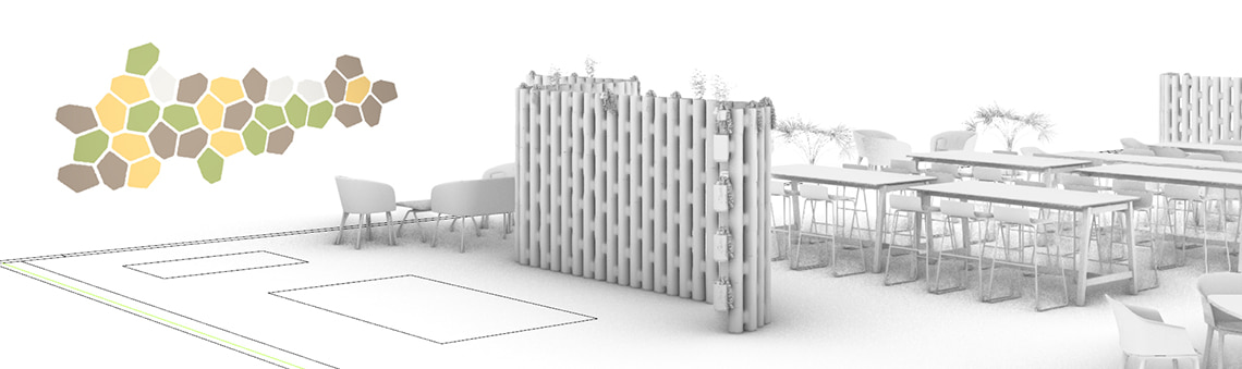 Canteen with colourful hexagon acoustic wall panels and white LINK room dividers between the tables