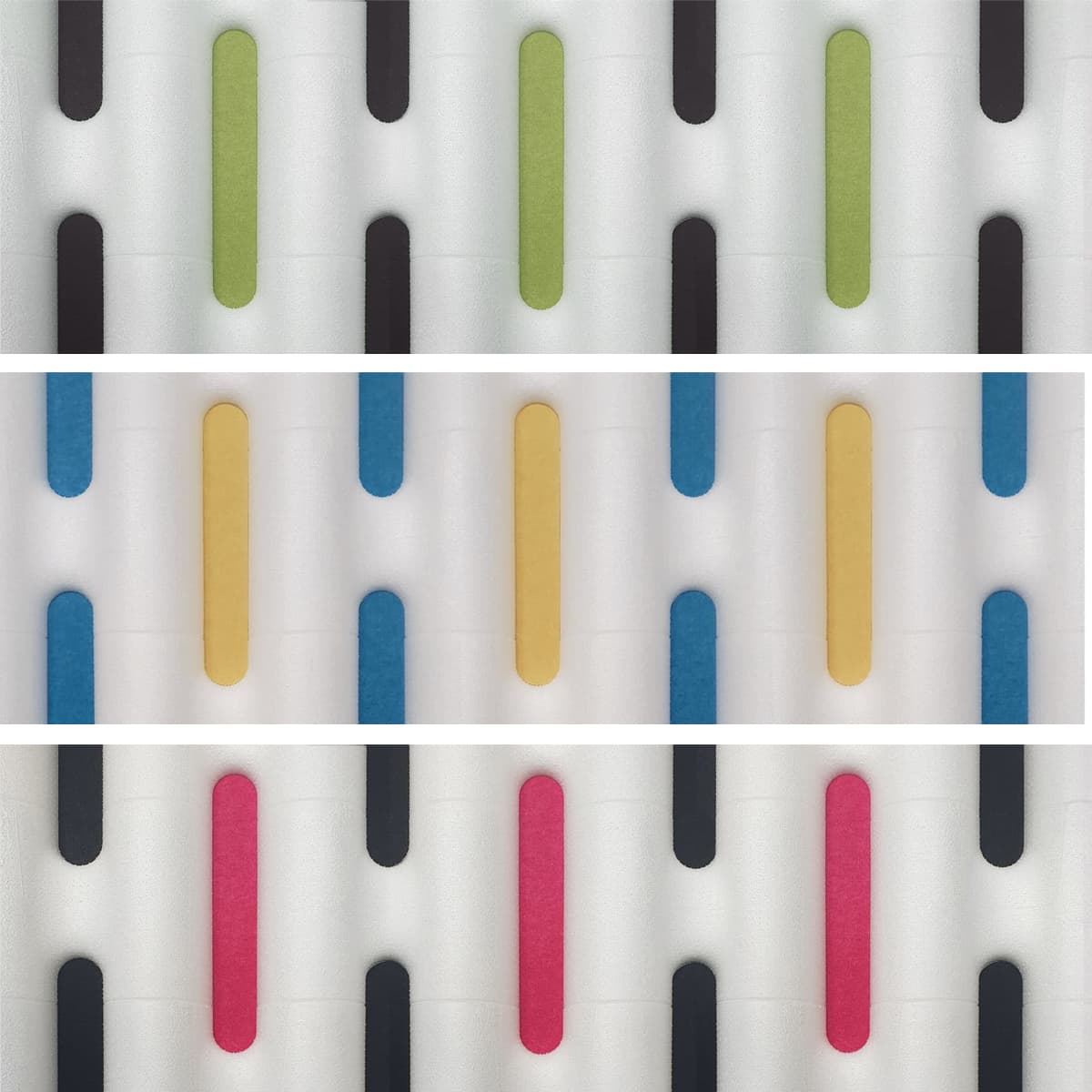 SONIC acoustic filler plates in green, yellow, blue and pink inside a white LINK wall