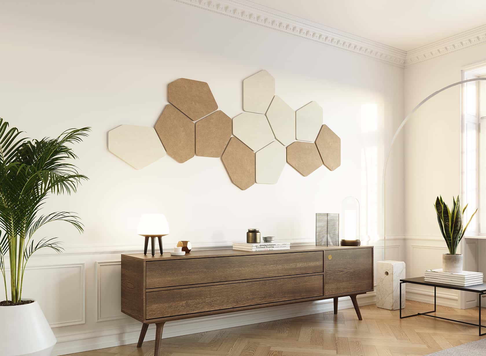 Decorative acoustic wall panels in beige and white above a sideboard in a living room