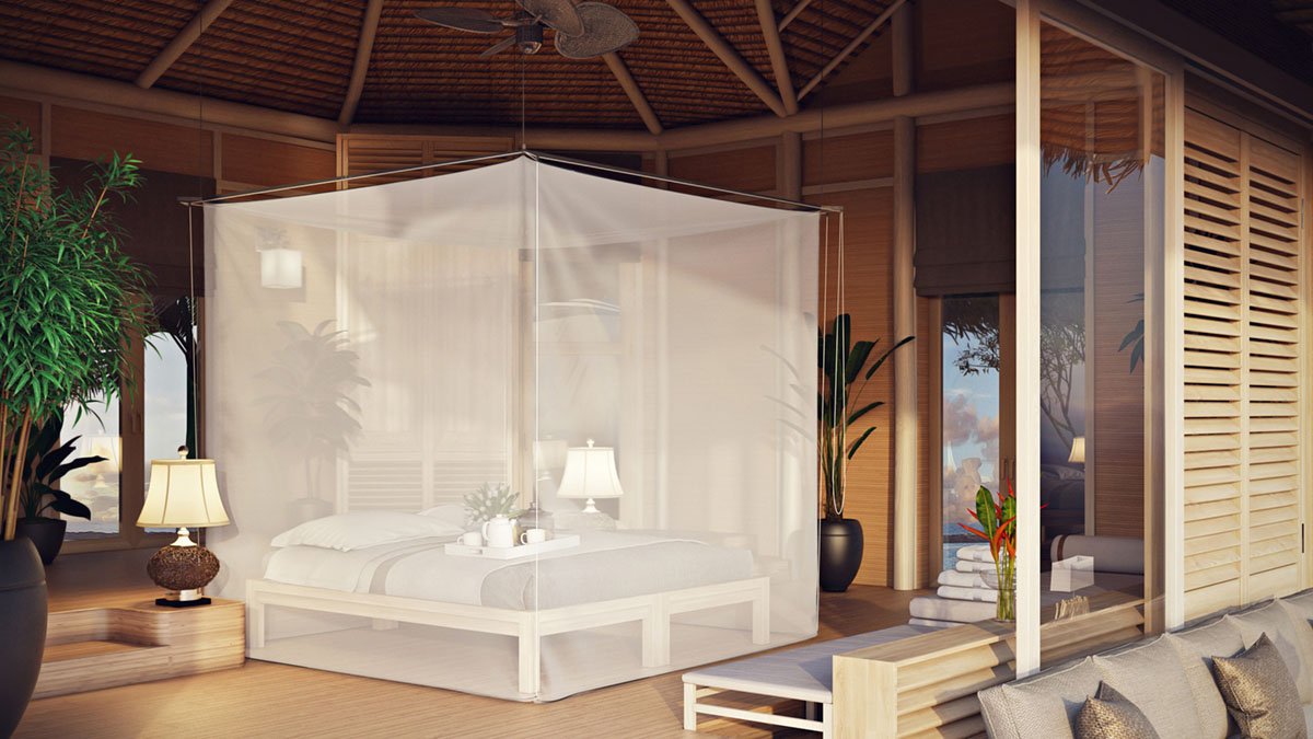 SKYROOM Moskito um ein Bett in einem Hotelzimmer entfaltet