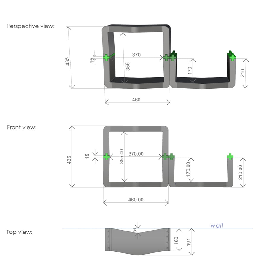 Dimensions drawing of U-CUBE shelf configurations in perspective, front and top view