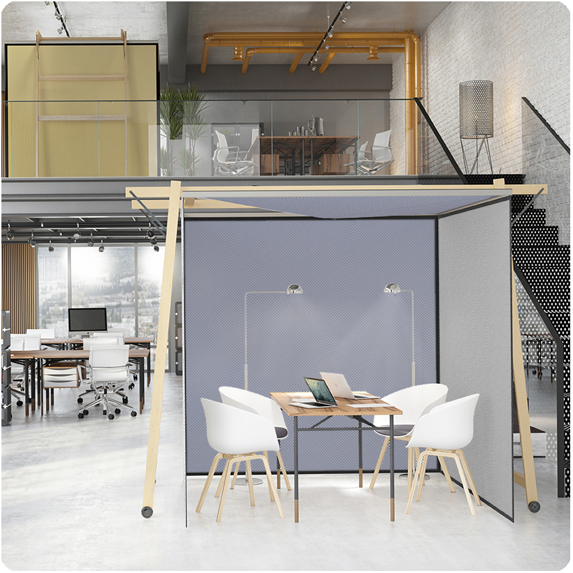 SKYROOM OFFICE Besprechungskubus mit blaugrauem Stoff