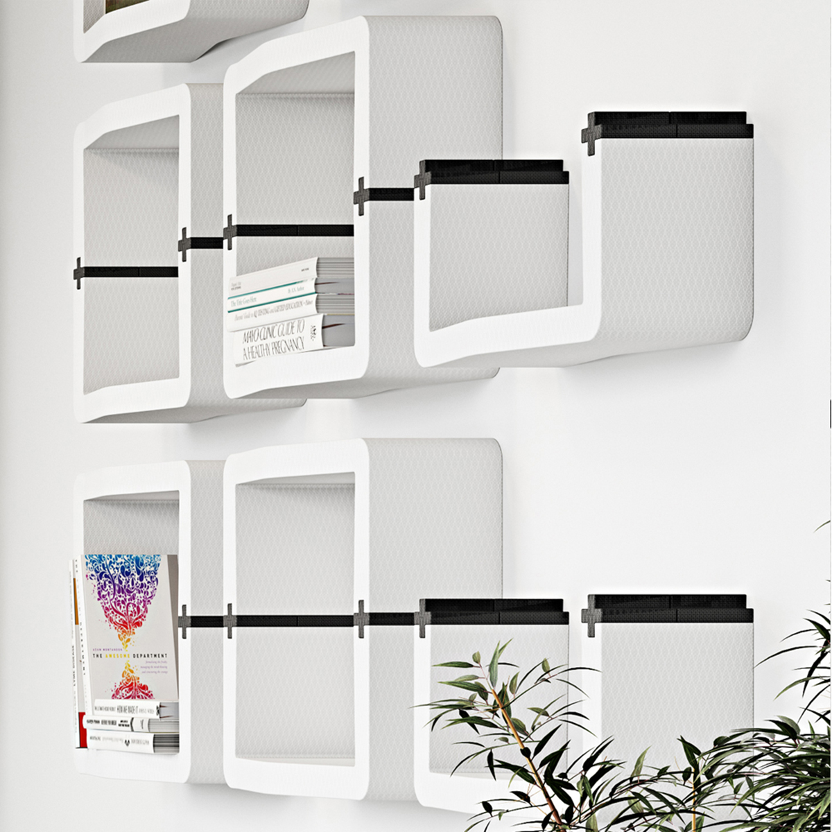 White U-CUBE wall shelves with plants in a living room