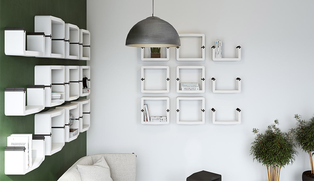 White U-CUBE floating wall shelves above a dining table