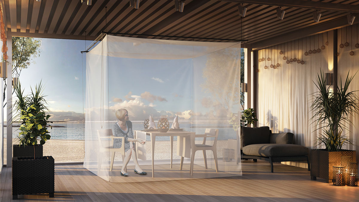SKYROOM Moskito als Moskitonetz-Kubus um ein Bett in einem Loft entfaltet
