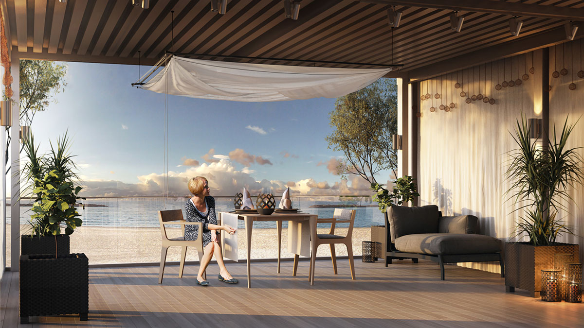 SKYROOM Moskito als Baldachin zusammengefaltet auf der Terrasse eines Strandhauses