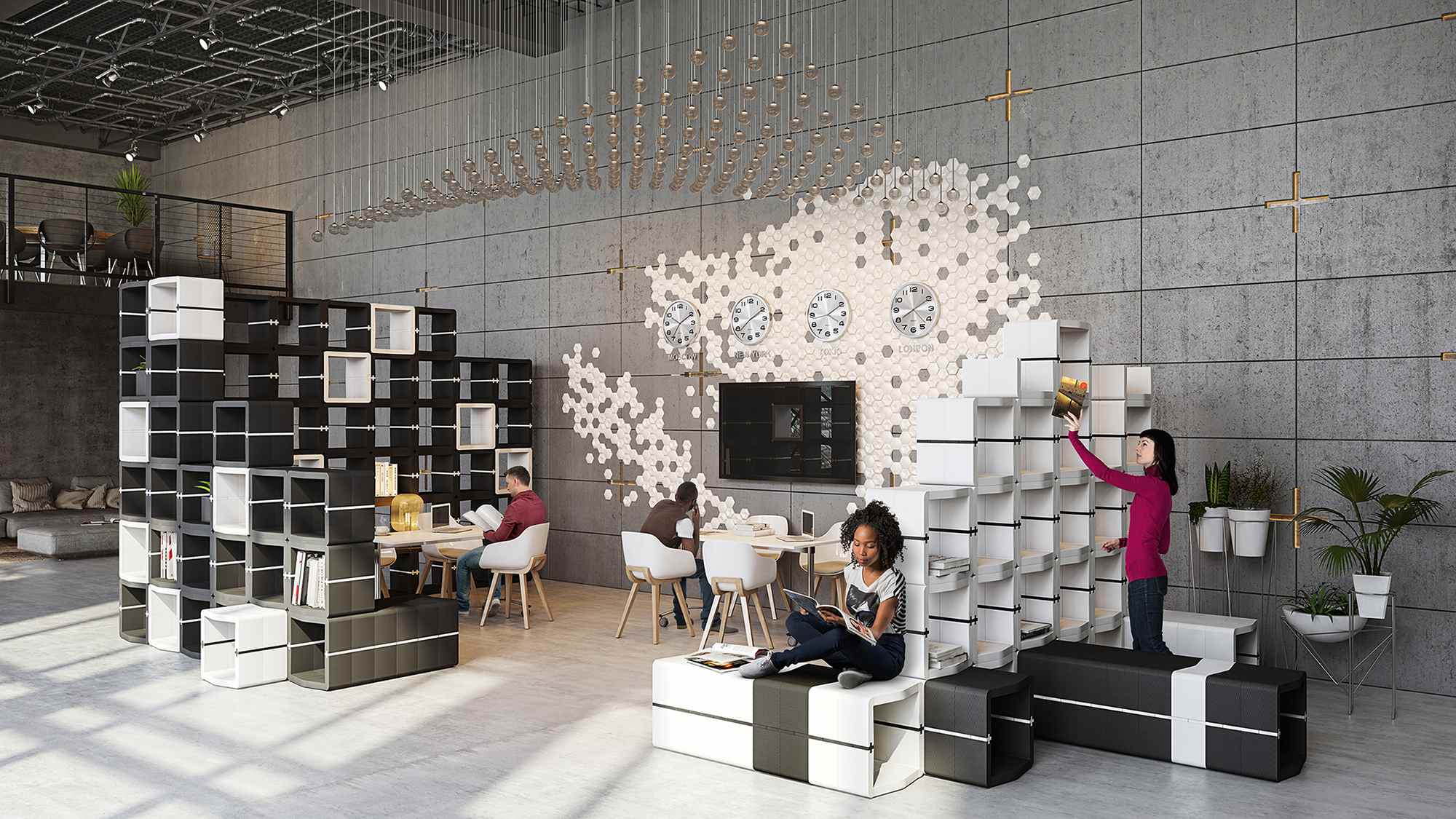 Large U-CUBE installation of 252 modules with shelving, seating, a reading nook and a partition in an office