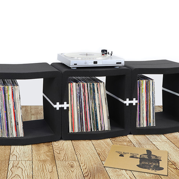 Black U-CUBE vinyl record storage with a record player