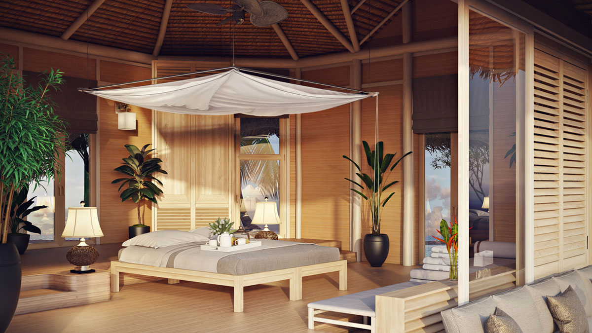SKYROOM Moskito als Baldachin über einem Bett in einem Hotelzimmer mit Holzwänden