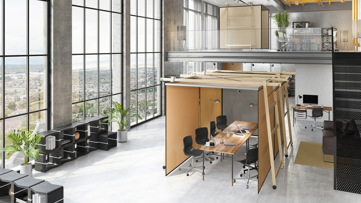 SKYROOM OFFICE Besprechungs-Pod mit grauen Stoffwänden in einem Loft-Büro