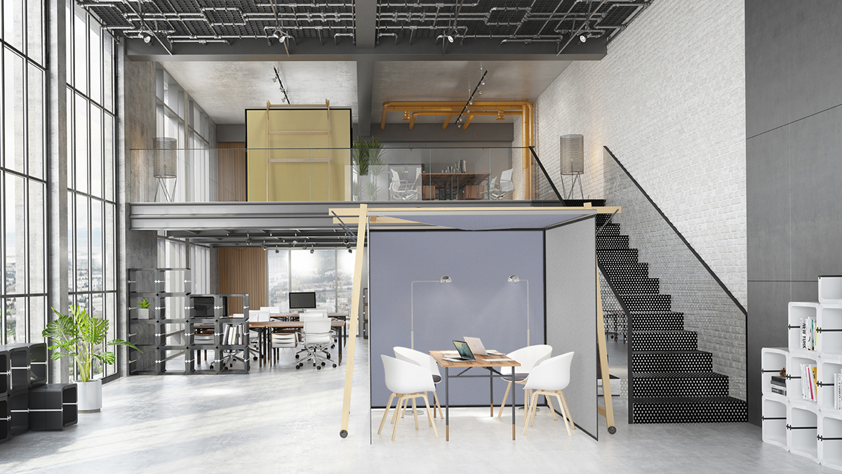 SKYROOM OFFICE Besprechungs-Pod von der Galerie eines Loft-Büros aus gesehen