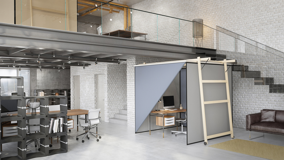 SKYROOM OFFICE in einem Loft-Büro mit halb hochgeklappter Seite