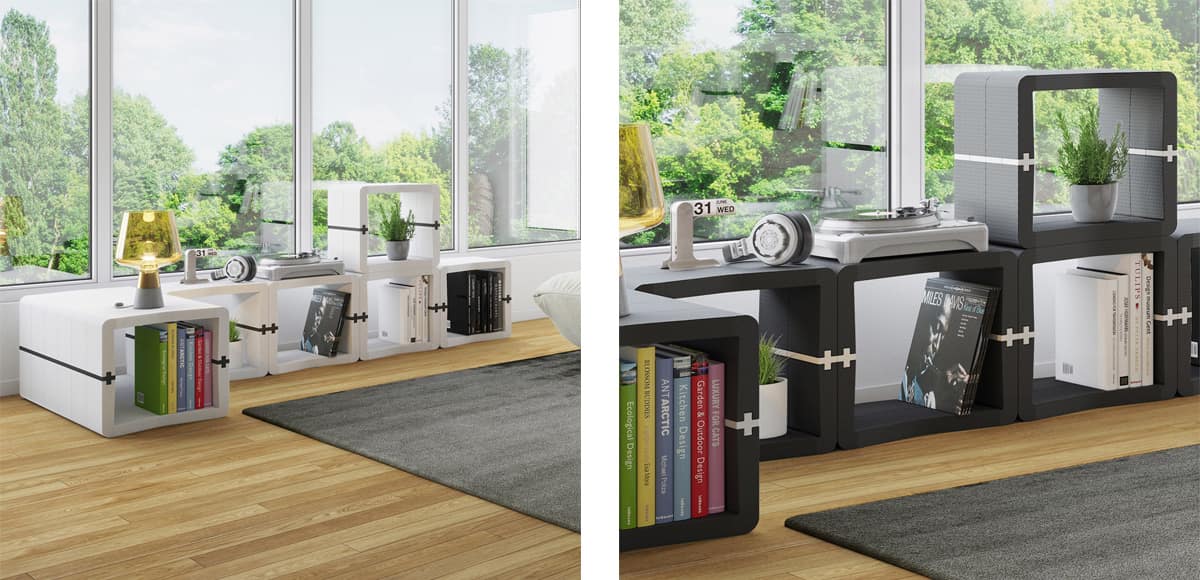 Black and white U-CUBE lowboard and vinyl shelf in a living room