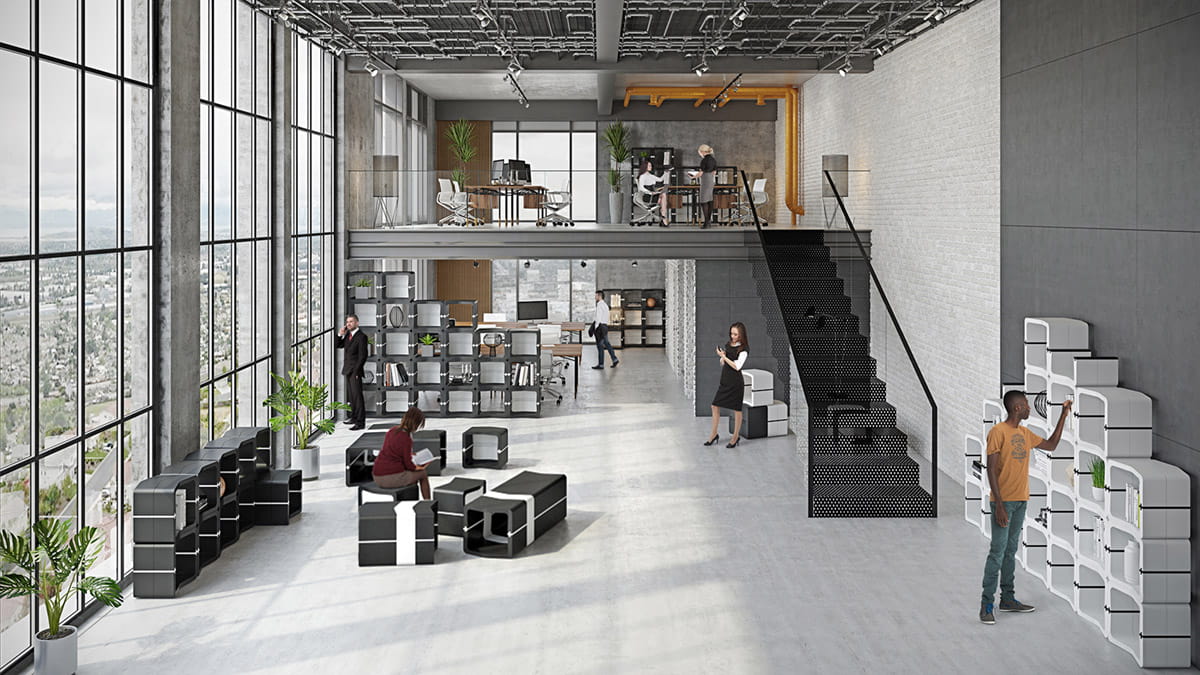 U-CUBE used as office sideboard, seating, partition and book shelving