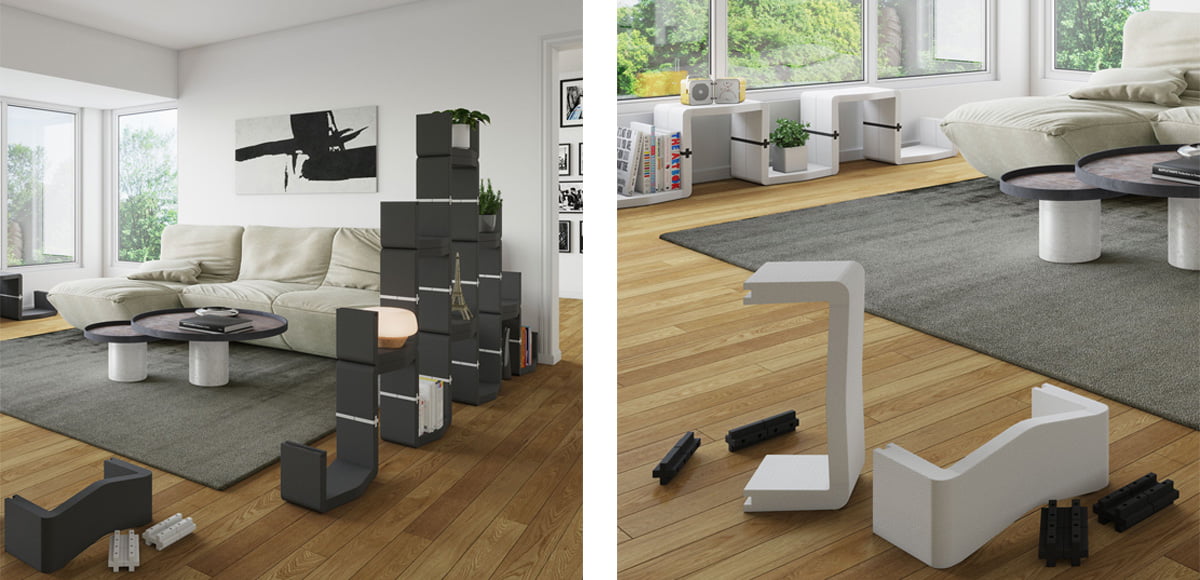 Black and white U-CUBE modular shelving and room divider in a living space