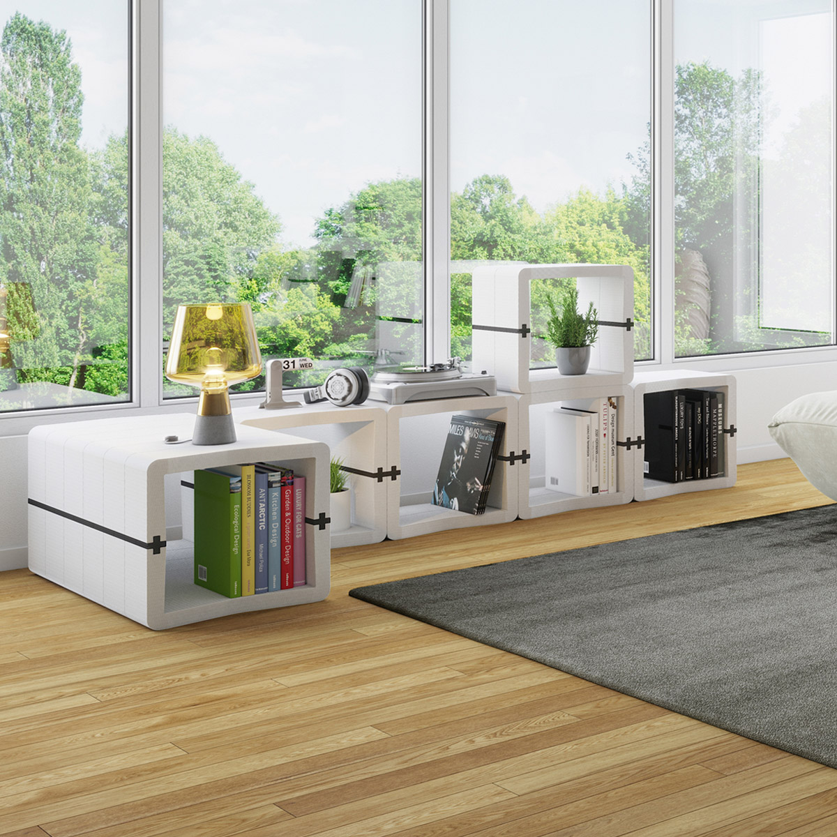 White U-CUBE vinyl record shelving and lowboard in a living room