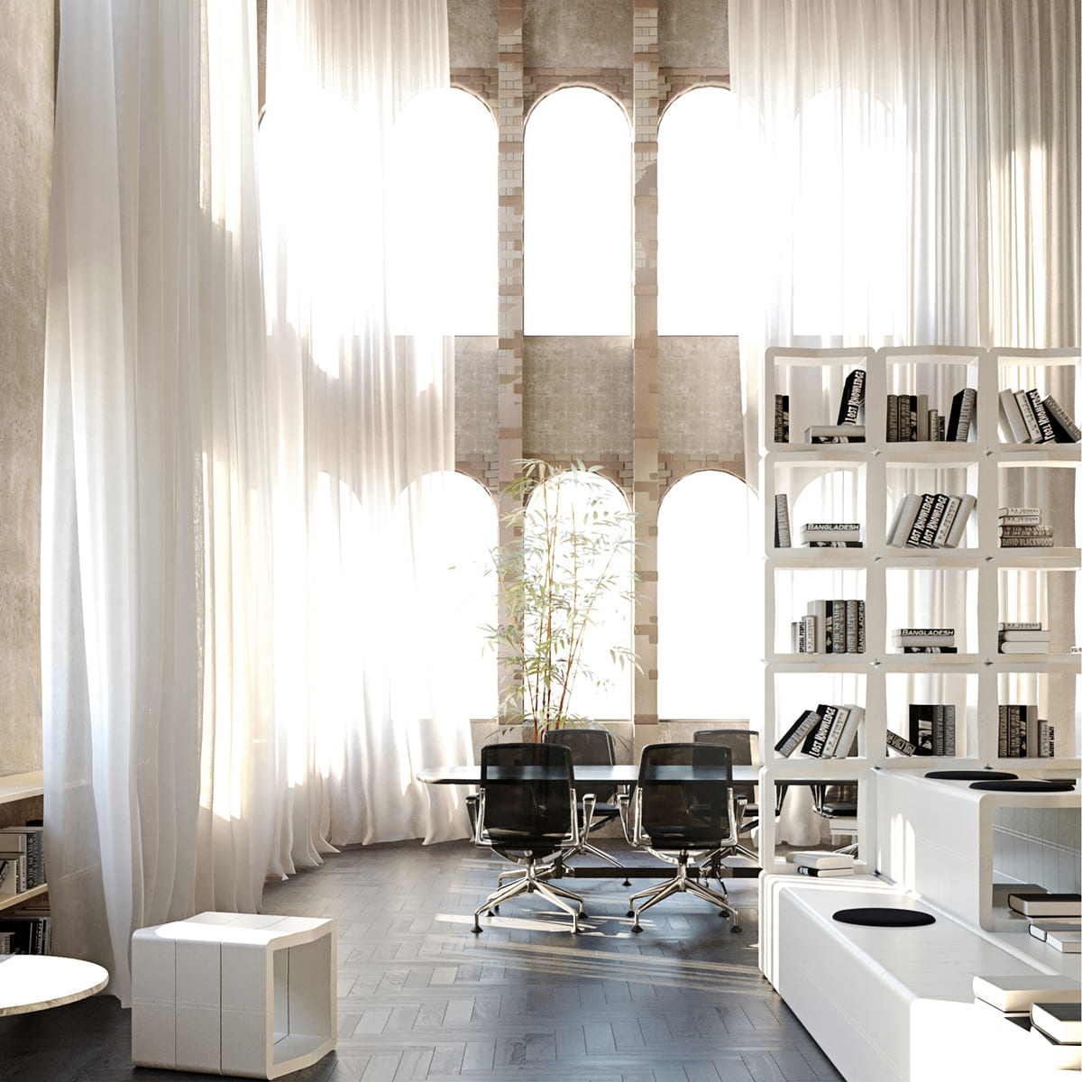 White U-CUBE shelving and room divider in a bright hall with tall arched windows