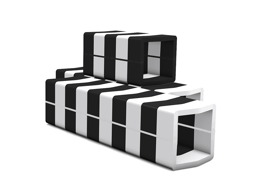 Animation of a black and white striped U-CUBE bench being assembled