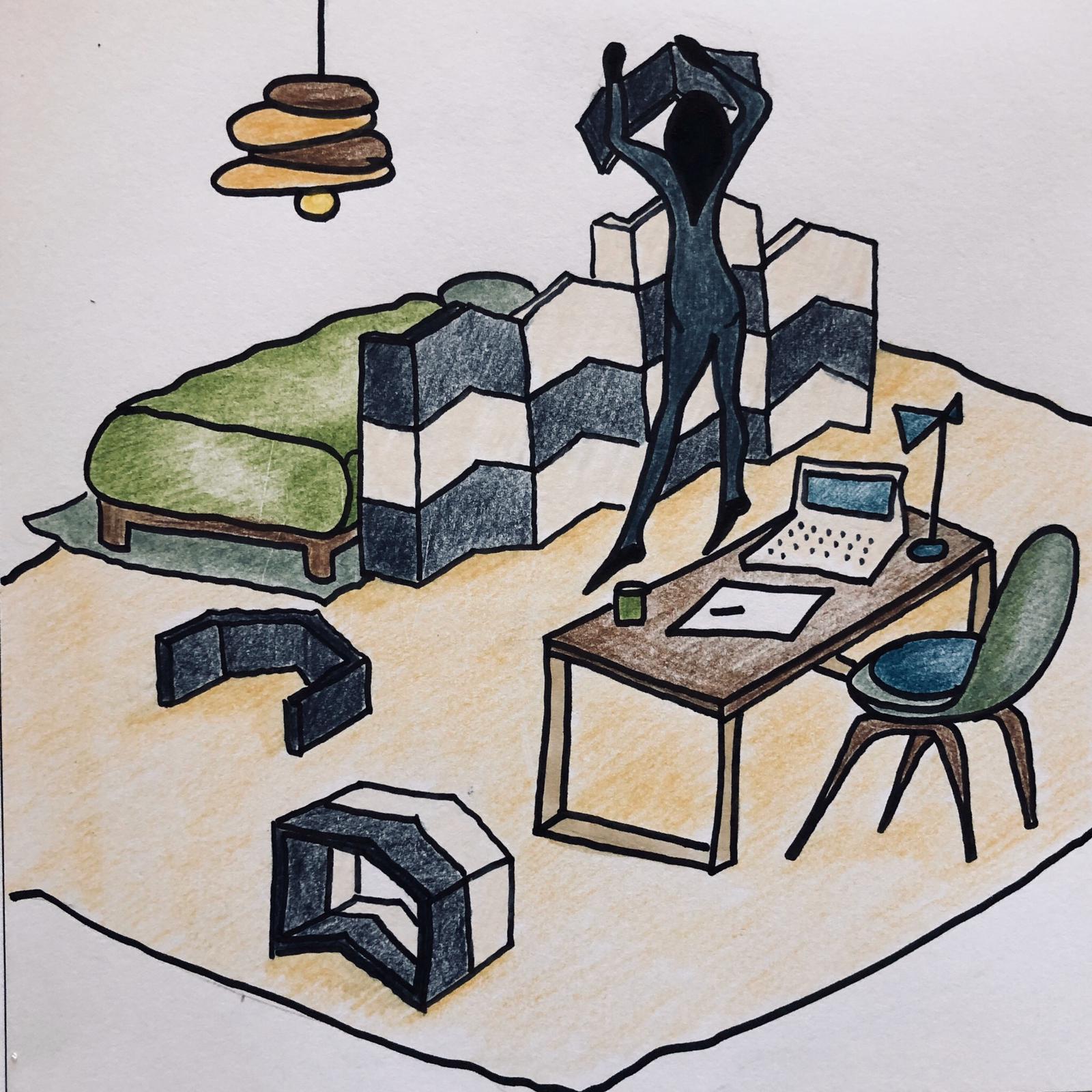 Sketch of a U-CUBE home office wall by designer Marine Peyre
