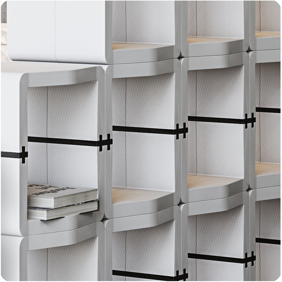 Close-up of white U-CUBE shelving modules joined with black connectors