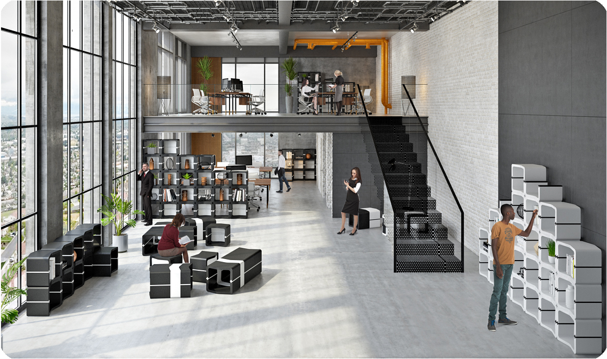 U-CUBE seating and bookshelves in a loft office with large windows