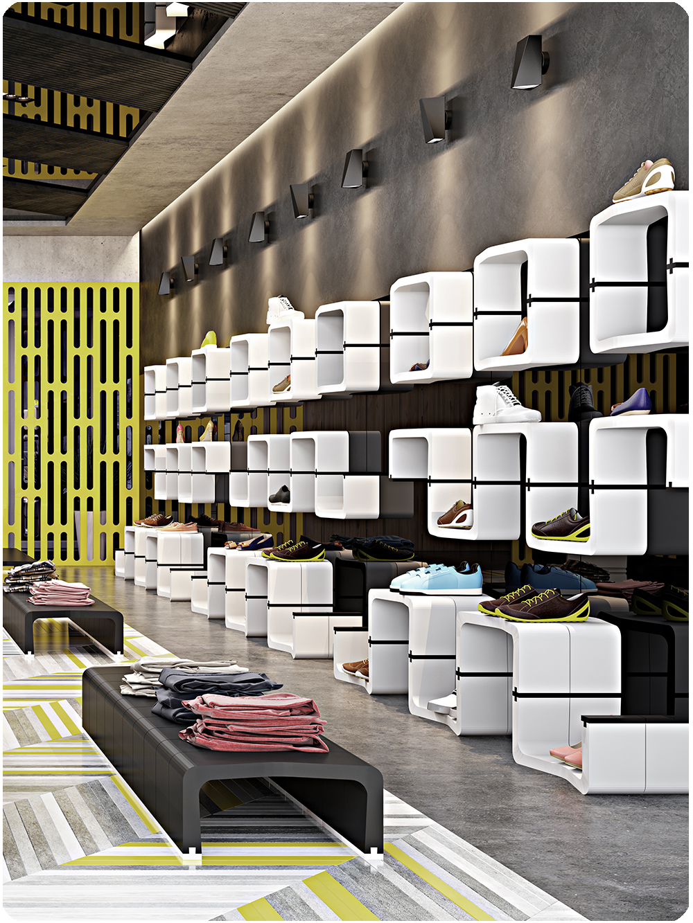 White U-CUBE shelves displaying shoes in a retail store