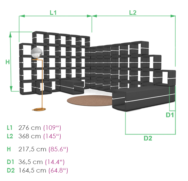 Dimensions drawing of a U-CUBE micro-architecture with shelving and seating