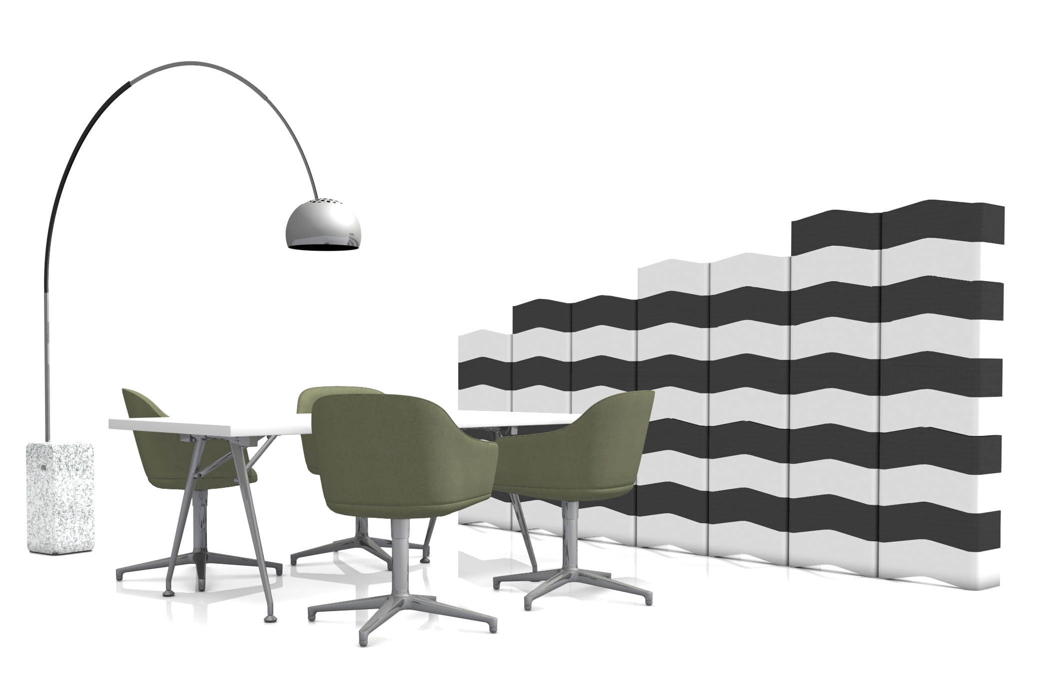 Black and white U-CUBE partition wall dividing an open-plan office